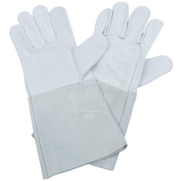 white and gray welding gloves